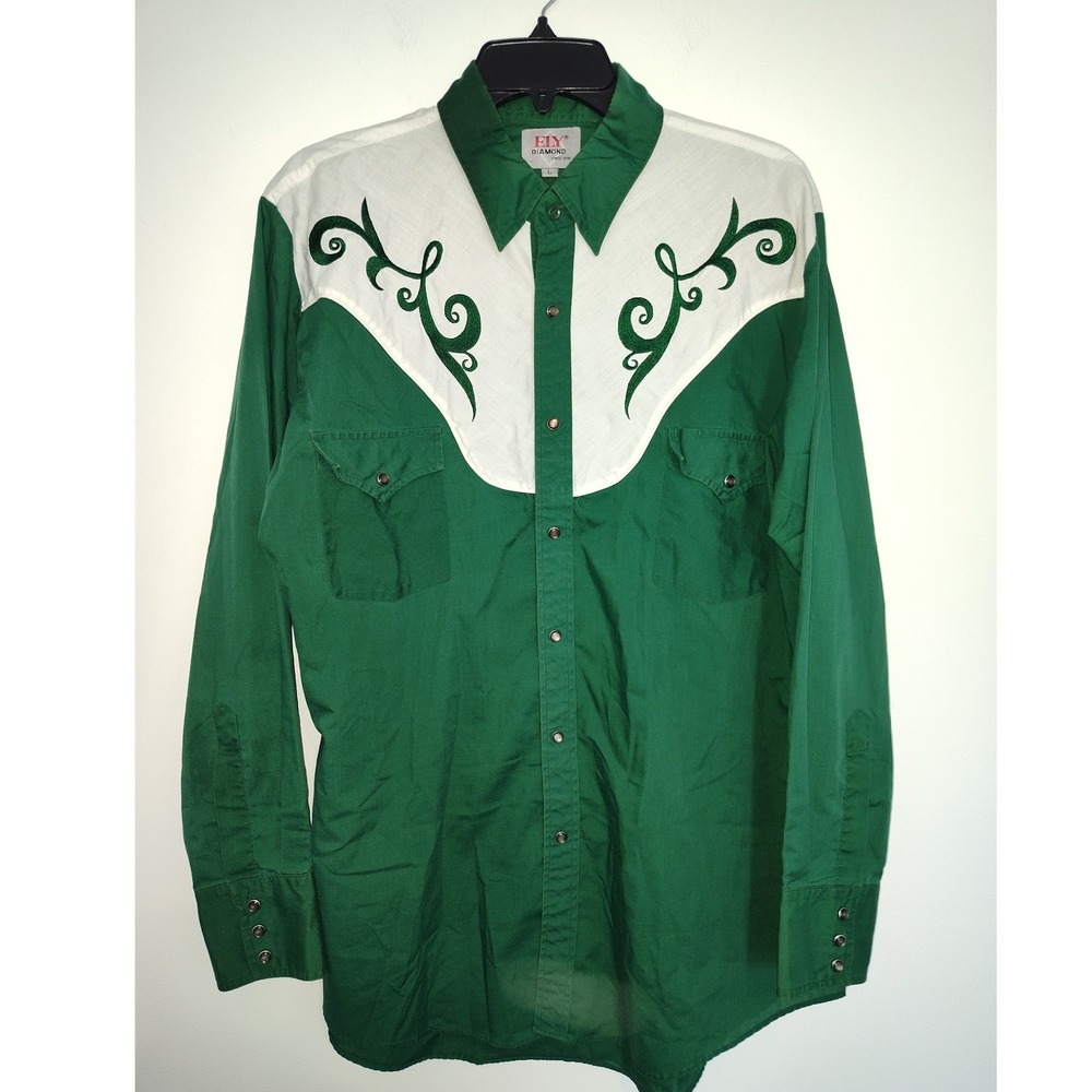 Ely Diamond Mens Western Shirt Green White Embroidered Pearl Snap Vintage Large